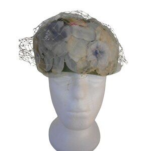 Vintage Women's Floral Capulet Hat with netting Blue Greens Union Made